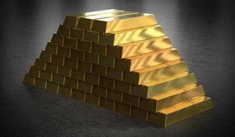 Side Angle of Gold Bar Pyramid - 3d illustration Stock Illustration