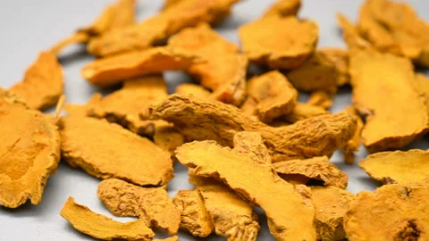 Side angle pan view herb JiangHuang or Curcumae Longae Rhizoma or Common Turm Stock Footage 146150106