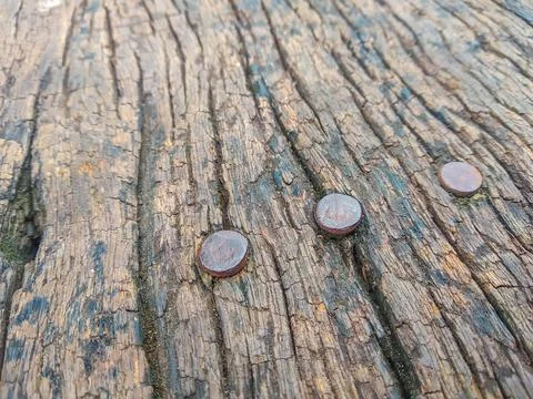 Side angle of rustic weathered wood texture with rusty nails and deep cracks Stock Photos