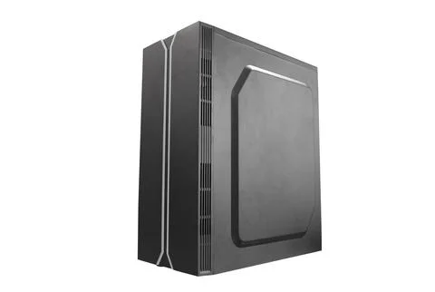 Side angle view of a black computer case with a raised side panel and side .. Fotos Stock