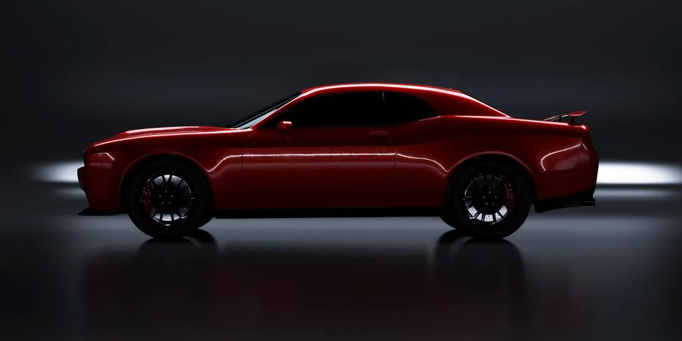 Side angle view of a generic red brandless American muscle car on a black bac Stock Photos