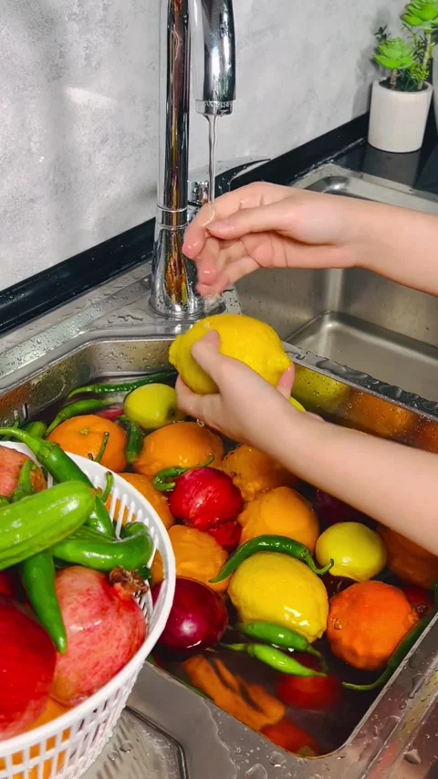Side Angle View of Hands Washing Mixed Fruits and Vegetables under Tap Water Stock Footage 338161179