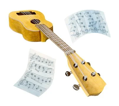 Side angle view of an isolated yellow ukulele with two music sheets Stock Illustration