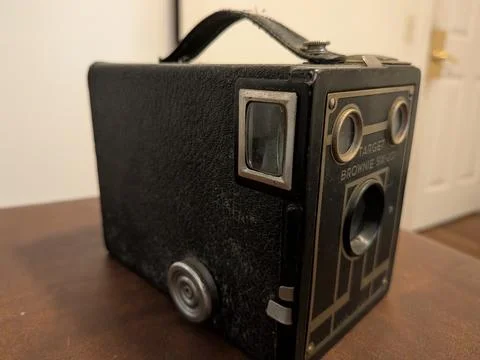 A side angle view of a vintage Target Brownie Six-20 box camera Stock Photos