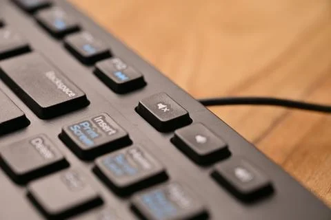 Side Angled Top View Macro Close-Up Black Computer Keyboard Highlighting Mu.. Stock-Fotos