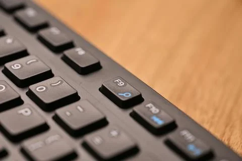 Side Angled Top View Macro Close-Up Black Computer Keyboard Highlighting F9.. Stock-Fotos