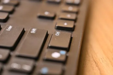 Side Angled Top View Macro Close-Up Black Computer Keyboard Highlighting Ct.. Stock Photos
