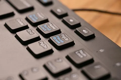 Side Angled Top View Macro Close-Up Black Computer Keyboard Highlighting Pa.. Stock Photos