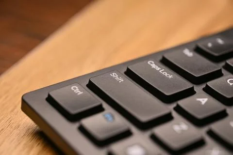 Side Angled Top View Macro Close-Up Black Computer Keyboard Highlighting Sh.. Stock-Fotos