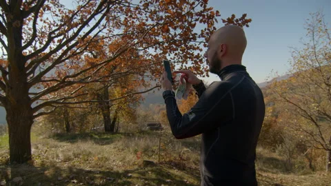 Side back view of young man holding mobile phone taking a picture of a tree in Stock Footage 166160206