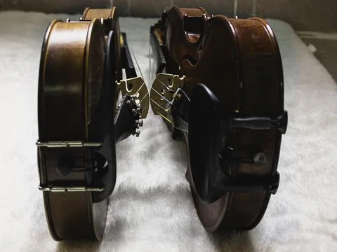 Side body of two violins put together,show part and detail of acoustic inst.. Stock Photos