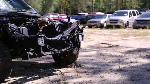 Side of a Broken Black Car in a Junkyard Stock Footage 246715939