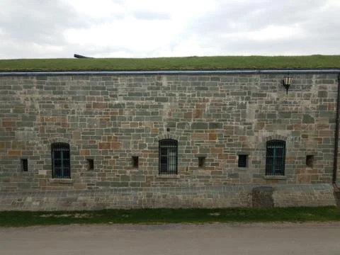 Side of a castle wall with stones and windows and grass Stock Photos