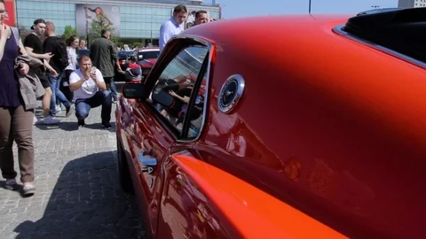 Side Close Up Of Muscle Car. Red Ford Mustang Stock Footage 88921312