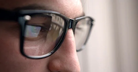 Side Close Up Reflection Graphics Diagrams Businessman Male Glasses Work 4k Stock Footage 84036182