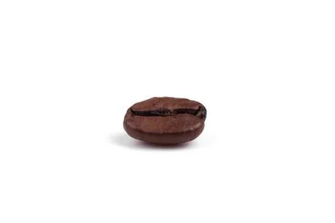 Side close-up view on one isolated coffee bean laying on white background Stock Photos