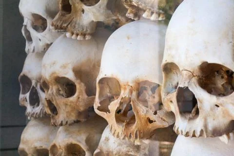 Side Colored view of Skulls Wall behind glass in memorial camp in Cambodia Stock Photos