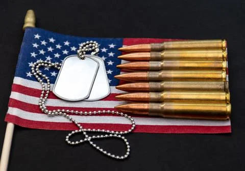 Side composition of rifle bullets and blank dog tags on a small U.S. flag, sy Stock Photos
