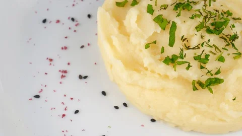 Side dish, mashed potatoes, starches food, served in Restaurant, close-up view Stock Footage 95708243