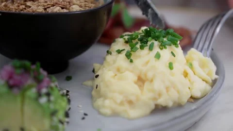 Side dish, mashed potatoes, starches food, served in Restaurant, Stock Footage 246733717