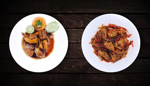 Side dishes, bean vegetable dish and chicken spicy Stock Photos