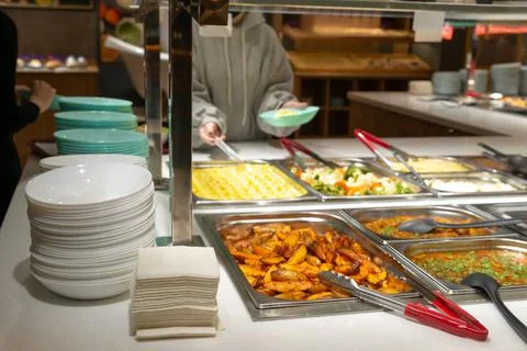 Side dishes on the serving line, self-service restaurant. steamed vegetables Stock Photos