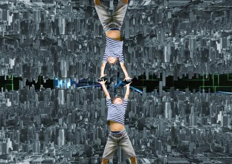 Up side down city. boy trying meet with himself Stockfoto's