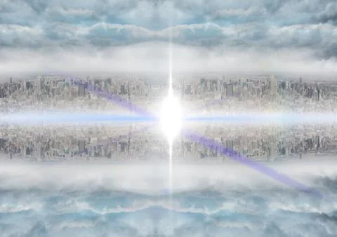 Up side down city. mirror effect  and flare in the middle Stock Illustration