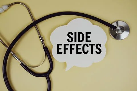 Side Effects text on speech bubble with stethoscope on yellow background, H.. Stock Photos