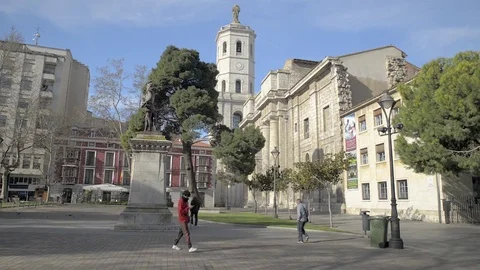 Side facade of the cathedral and statue of Miguel de Cervantes Stock Footage 73950376