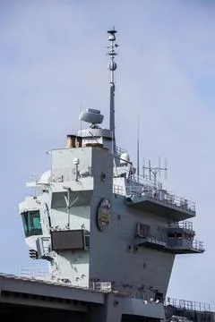 Side facing conrol tower on HMS Prince of Wales Stock Photos