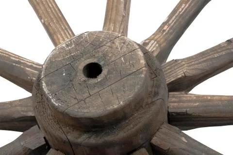 Side front closeup angled view of  wooden wagon wheel Stock Photos