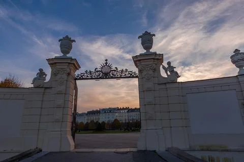Side gate in Upper Belvedere at sunset backlit, Vienna, Austria Stock Photos