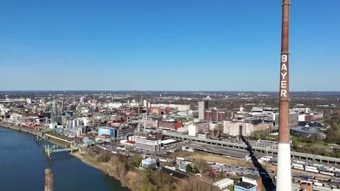 Side glide past Bayer sign at tower height Video stock 343736343