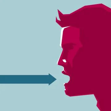The side of the head and the arrow symbol. Isolated on blue background. Illustrazione stock