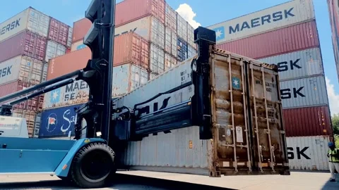 Side loader is stacking Maersk Line containers Stock Footage 312021818