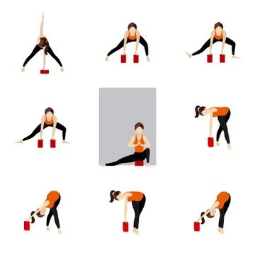 Side lunge &amp; intense side stretch yoga asanas set modifications with props Stock Illustration