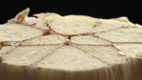 Side macro of sliced garlic bulb showing natural base pattern Stock Footage 314437937