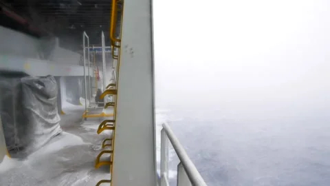 Side main deck pass way of large container vessel with full of snow Stock Footage 244385008