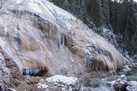 Side of mountain covered in sheet of ice Stock Photos