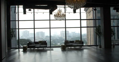 Side movement large event space with downtown view Stock Footage 116188395