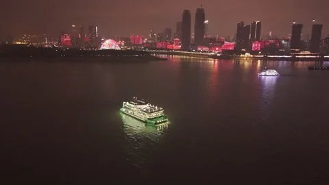 Side night view of Yangtze River Bridge in Wuhan, aerial Stock-Footage 347241231
