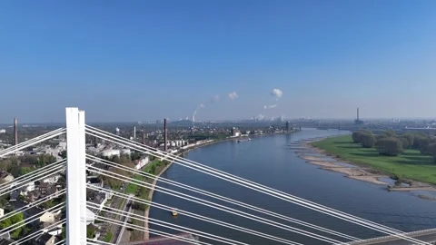 Side orbit around bridge pylon with cables 스톡 동영상 335363103