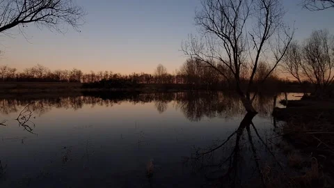 Side pan of tranquil river at sunset Stock Footage 296325401