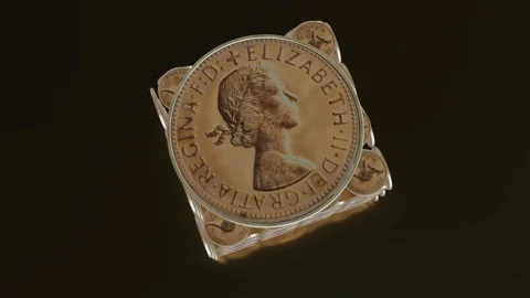 Side perspective of stacked Australian 1 Penny coins creating a glowing Stock Footage 317955640