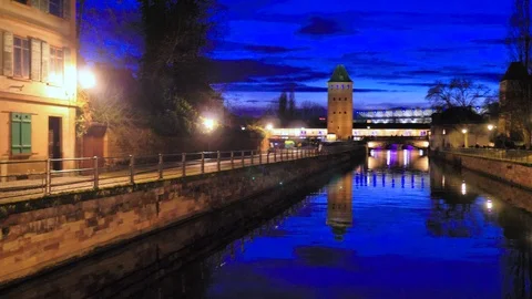 Side plane of canal at night bluish Strasbourg at Christmas 스톡 동영상 124480783