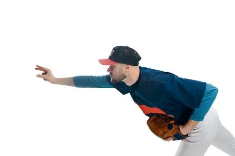 Side portrait of a pitcher on white background Stock Photos