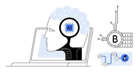 Side profile of a head with AI chip in front of laptop, a blockchain symbol,  Illustrazione stock