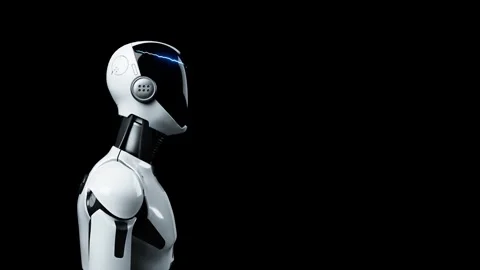 Side profile humanoid robot assistant on black background loop. Stock Footage 347388460