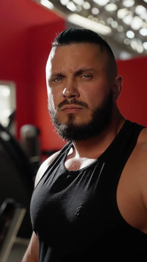 Side profile of a muscular man with a full beard and shaved head, wearing a Stock Footage 276190043